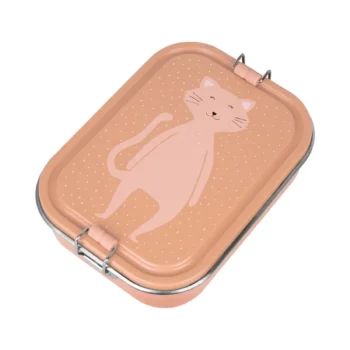 Duży stalowy lunch box w kolorze brzoskwiniowym z nadrukiem różowego kota dla dziecka. Trixie Duży stalowy lunch box Kot Baby