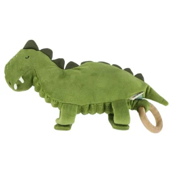 Zielony pluszowy dinozaur pozytywka z drewnianym kółkiem dla niemowlaka. Trixie Pozytywka muzyczna zabawka Dinozaur Baby