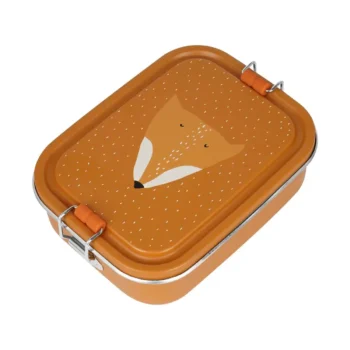 Mały stalowy lunch box w kolorze pomarańczowym z nadrukiem lisa dla dziecka. Trixie Mały stalowy lunch box Lis
