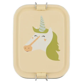 Mały stalowy lunch box w kolorze beżowym z nadrukiem jednorożca dla dziecka. Trixie Mały stalowy lunch box Jednorożec Baby