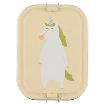 Duży stalowy lunch box w kolorze kremowym z nadrukiem białego jednorożca dla dziecka. Trixie Duży stalowy lunch box Jednorożec Baby