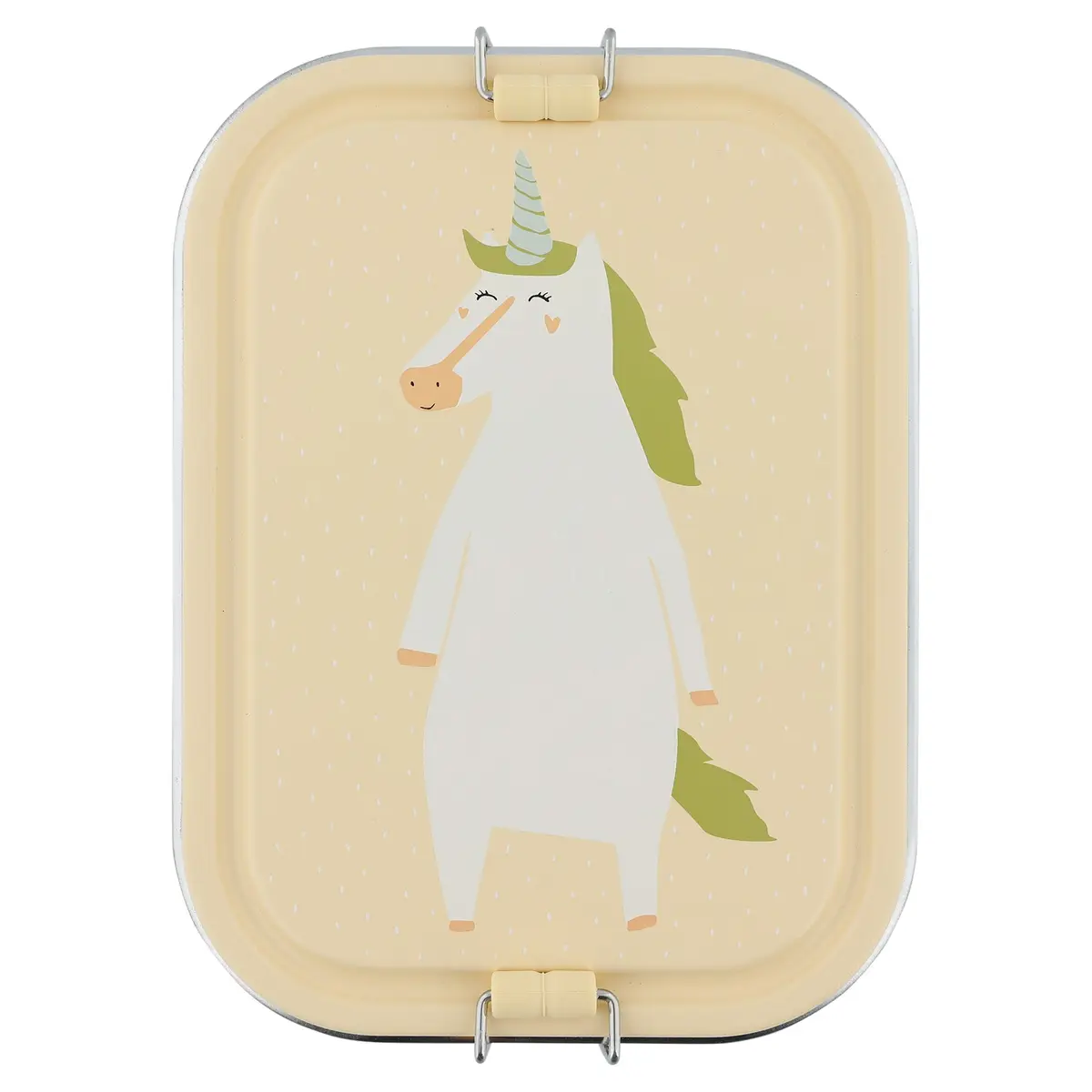 Duży stalowy lunch box w kolorze kremowym z nadrukiem białego jednorożca dla dziecka. Trixie Duży stalowy lunch box Jednorożec Baby