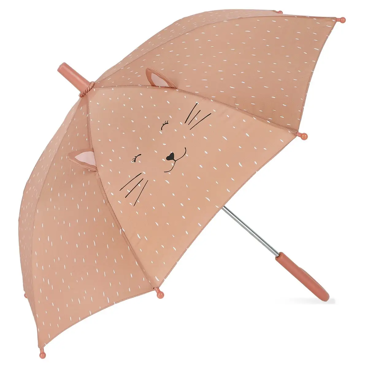 Parasolka przeciwdeszczowa dla dziecka w kolorze brązowym z nadrukiem kota i uszkami na czaszy. Trixie Parasolka Kot Baby