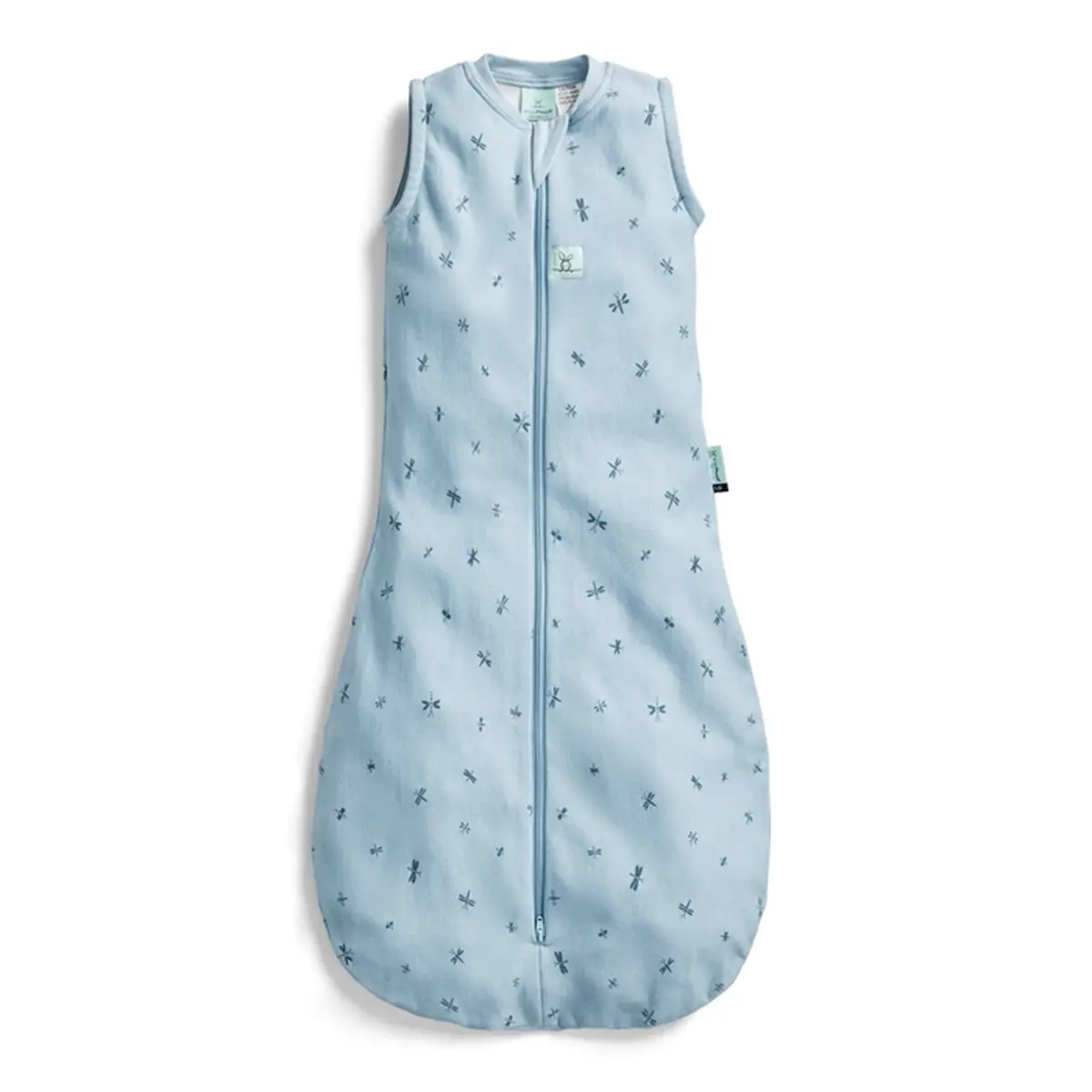 Niebieski śpiworek niemowlęcy bez rękawów z nadrukiem ważek zapinany na zamek z przodu. ergoPouch Śpiworek Jersey 1.0TOG Dragonflies