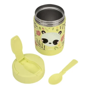 Żółty termos obiadowy dla dzieci z motywem pandy z łyżeczką na pokrywce. Sassi Termos obiadowy dla dzieci 350ml Panda