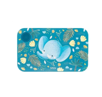 Plastikowy niebieski lunchbox z motywem słonika i roślin dla dziecka. Sassi Plastikowy lunchbox pojemnik z rPET Słonik