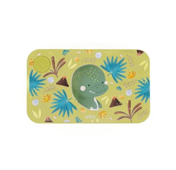 Zielony plastikowy lunchbox z motywem dinozaura i roślin dla dziecka. Sassi Plastikowy lunchbox pojemnik z rPET Dinozaur