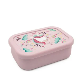 Różowy silikonowy pojemnik na lunch z motywem jednorożca dla dziecka. Sassi Lunchbox pojemnik silikonowy Jednorożec