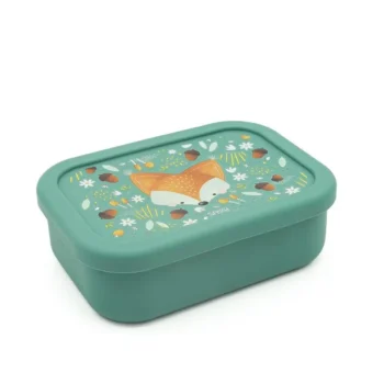 Zielony silikonowy pojemnik śniadaniowy z nadrukiem lisa dla dziecka. Sassi Lunchbox pojemnik silikonowy Lisek