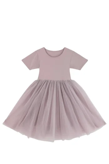 Sukienka tiulowa midi w kolorze jasnoróżowym z krótkim rękawem dla dziewczynki. Fig&Pear Sukienka tiulowa midi Misty Rose