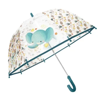 Przezroczysty parasol przeciwdeszczowy z niebieskim uchwytem i nadrukiem niebieskiego słonika oraz kolorowych kwiatów dla dziecka. Sassi Parasol przeciwdeszczowy Słonik