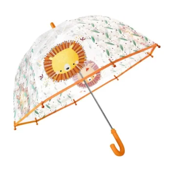 Przezroczysty parasol przeciwdeszczowy z pomarańczowym uchwytem i nadrukiem lwa dla dziecka. Sassi Parasol przeciwdeszczowy Lew
