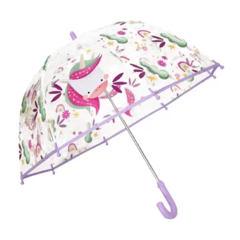 Przezroczysty parasol przeciwdeszczowy z różowym uchwytem i wzorem jednorożców dla dziecka. Sassi Parasol przeciwdeszczowy Jednorożec