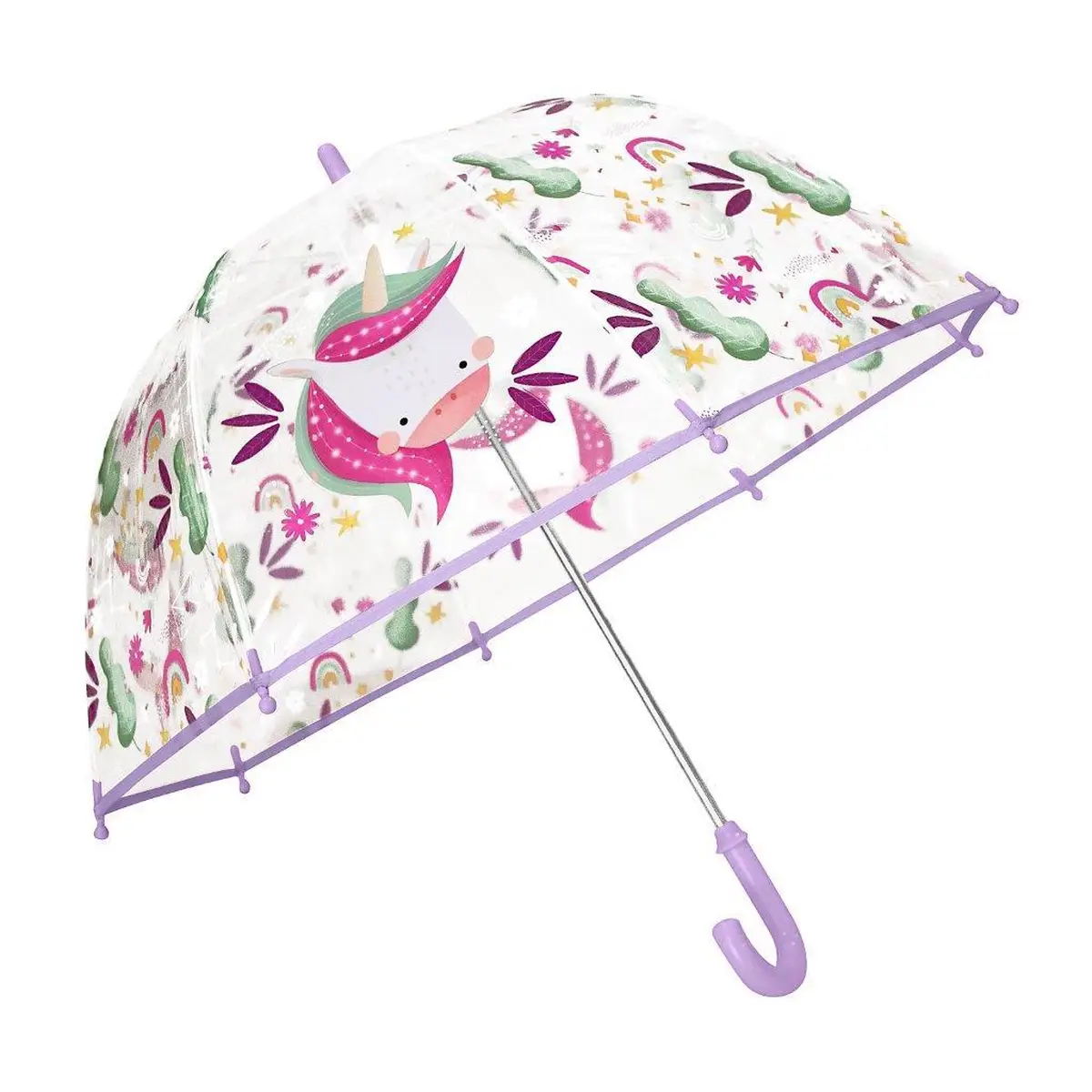 Przezroczysty parasol przeciwdeszczowy z różowym uchwytem i wzorem jednorożców dla dziecka. Sassi Parasol przeciwdeszczowy Jednorożec