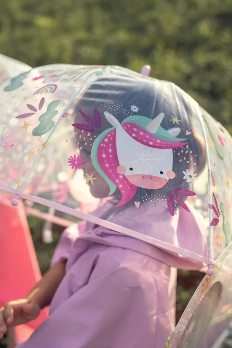Przezroczysty parasol przeciwdeszczowy z kolorowym nadrukiem jednorożca dla dziecka. Sassi Parasol przeciwdeszczowy Jednorożec