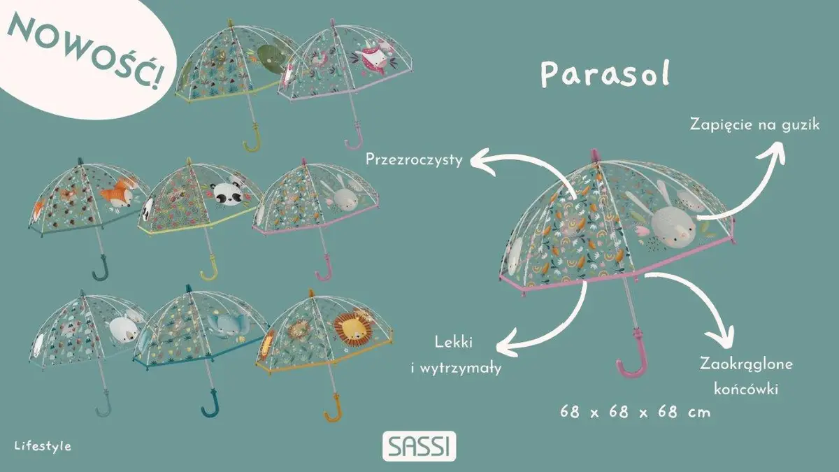 Przezroczysty parasol przeciwdeszczowy z kolorowym wzorem jednorożca dla dziecka z zaokrąglonymi końcówkami i zapinaniem na guzik. Sassi Parasol przeciwdeszczowy Jednorożec