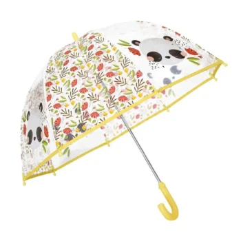 Przezroczysty parasol przeciwdeszczowy z żółtym uchwytem z nadrukiem pandy i kolorowych kwiatów dla dziecka. Sassi Parasol przeciwdeszczowy Panda