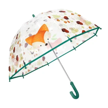 Przezroczysty parasol przeciwdeszczowy z pomarańczowym liskiem i wzorem liści dla dziecka. Sassi Parasol przeciwdeszczowy Lisek