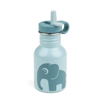 Metalowa butelka dla dziecka niebieska z motywem słonia ze słomką 350 ml. Done by Deer Butelka Metalowa ze Słomką dla Dziecka Elphee Blue 350 ml