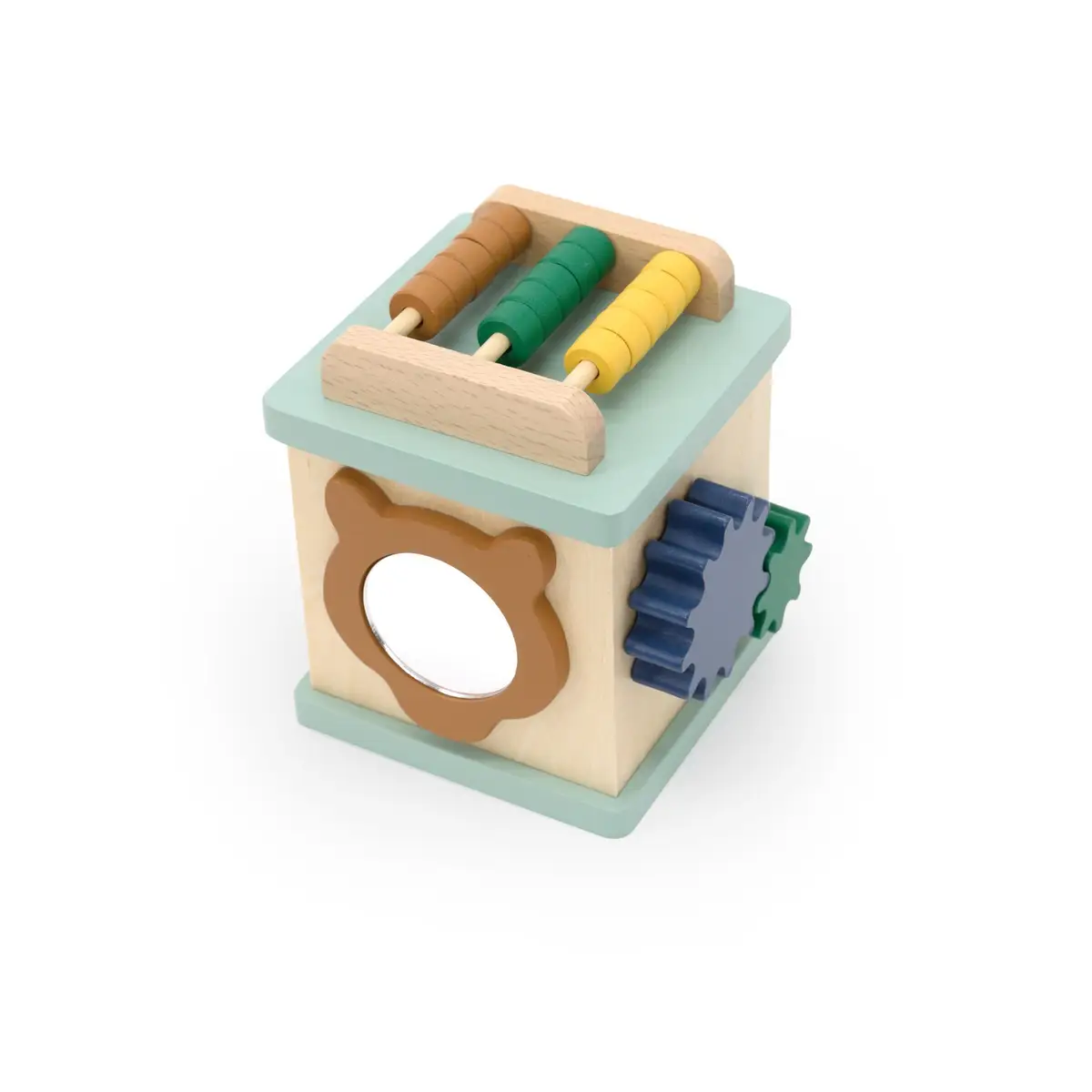 Drewniana mała kostka aktywności dla niemowlaka z kolorowymi elementami do przesuwania i obrotu. Trixie Drewniana mała kostka aktywności Baby