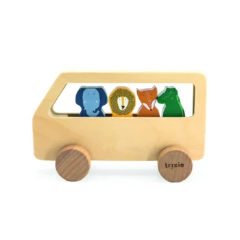 Drewniany autobus z wycięciami i kolorowymi zwierzętami dla dziecka. Trixie Drewniany autobus dla zwierząt Baby