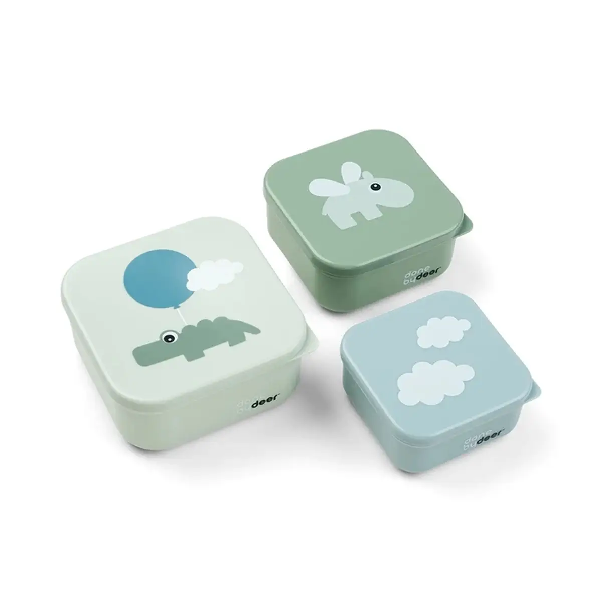Zestaw trzech plastikowych pojemników na żywność w pastelowych kolorach z motywem chmur i zwierząt dla dziecka. Done by Deer Zestaw Pojemników 3szt. Happy Clouds Green 540 ml