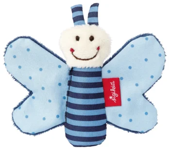 Niebieska pluszowa przytulanka motyl w paski i kropki dla niemowlaka. sigikid Pierwsza przytulanka Motyl niebieski szeleścik dla dzieci maskotka