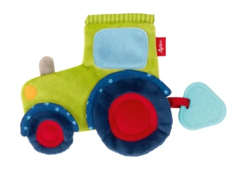 Zielony pluszowy traktor z niebieskimi kołami i niebieskim gryzakiem dla niemowlaka. sigikid Przytulanka komforter Traktor szeleścik szmatka gryzak dla dzieci
