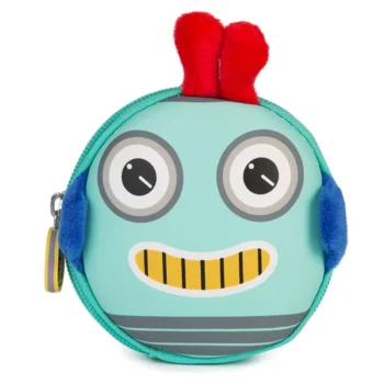Okrągła saszetka portmonetka w kształcie robota niebieskozielona z czerwonymi antenkami i niebieskimi uszami dla dziecka. boppi Saszetka Portmonetka z Linką i Klipsem Robot