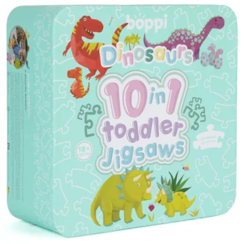 Pudełko z puzzlami 10 w 1 dla malucha z motywem dinozaurów 30 elementów. boppi 10 w 1 progresywne pierwsze puzzle Dinozaury 30 elem