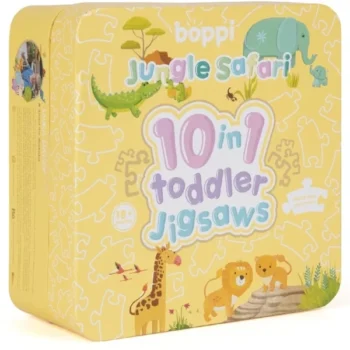 Pudełko z puzzlami dla dzieci z motywem safari 30 elementów żółte. boppi 10 w 1 progresywne pierwsze puzzle Safari 30 elem