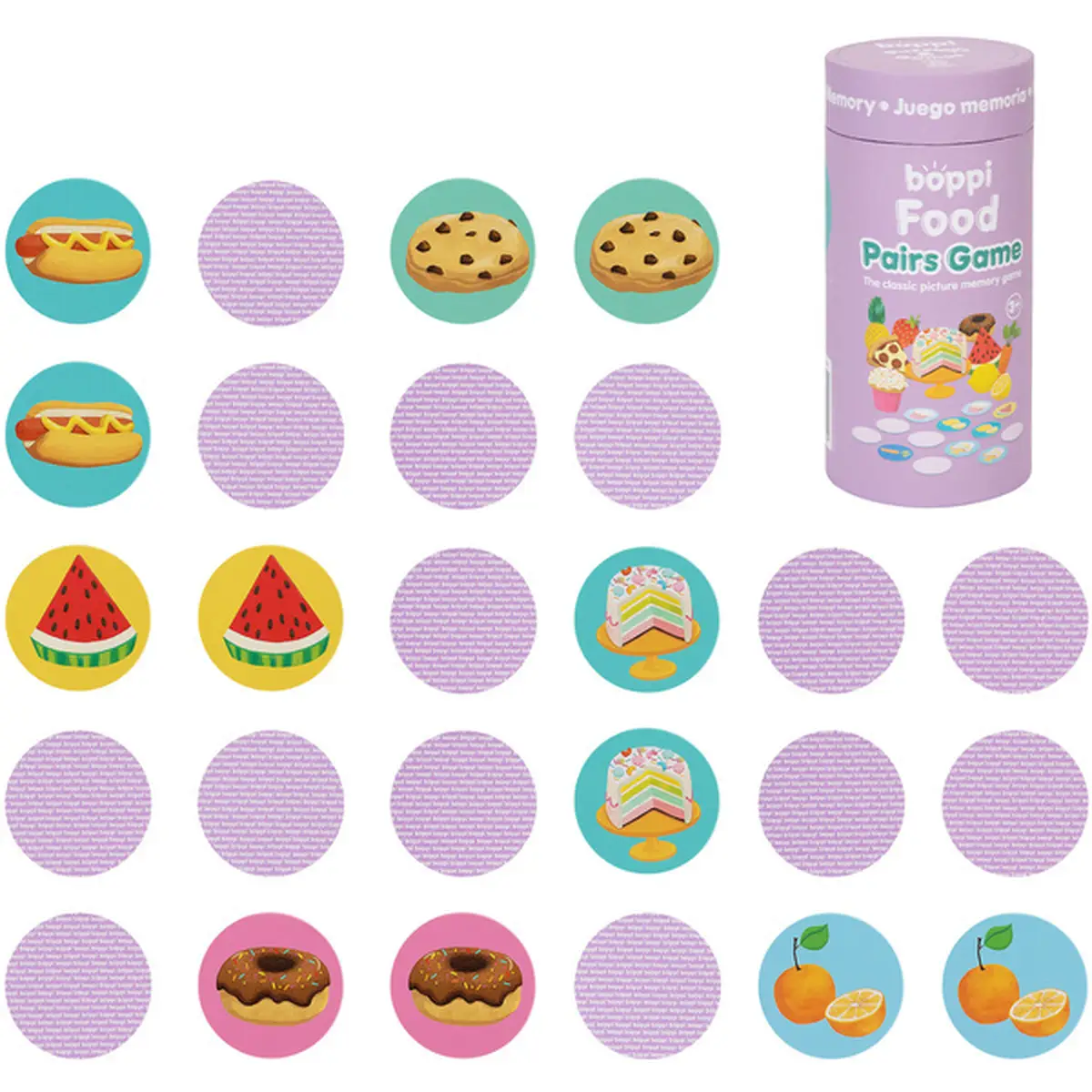 Karty do gry memory z obrazkami jedzenia takie jak hot dog arbuz ciastko pączek dla dzieci. boppi układanka w pary memo Jedzenie