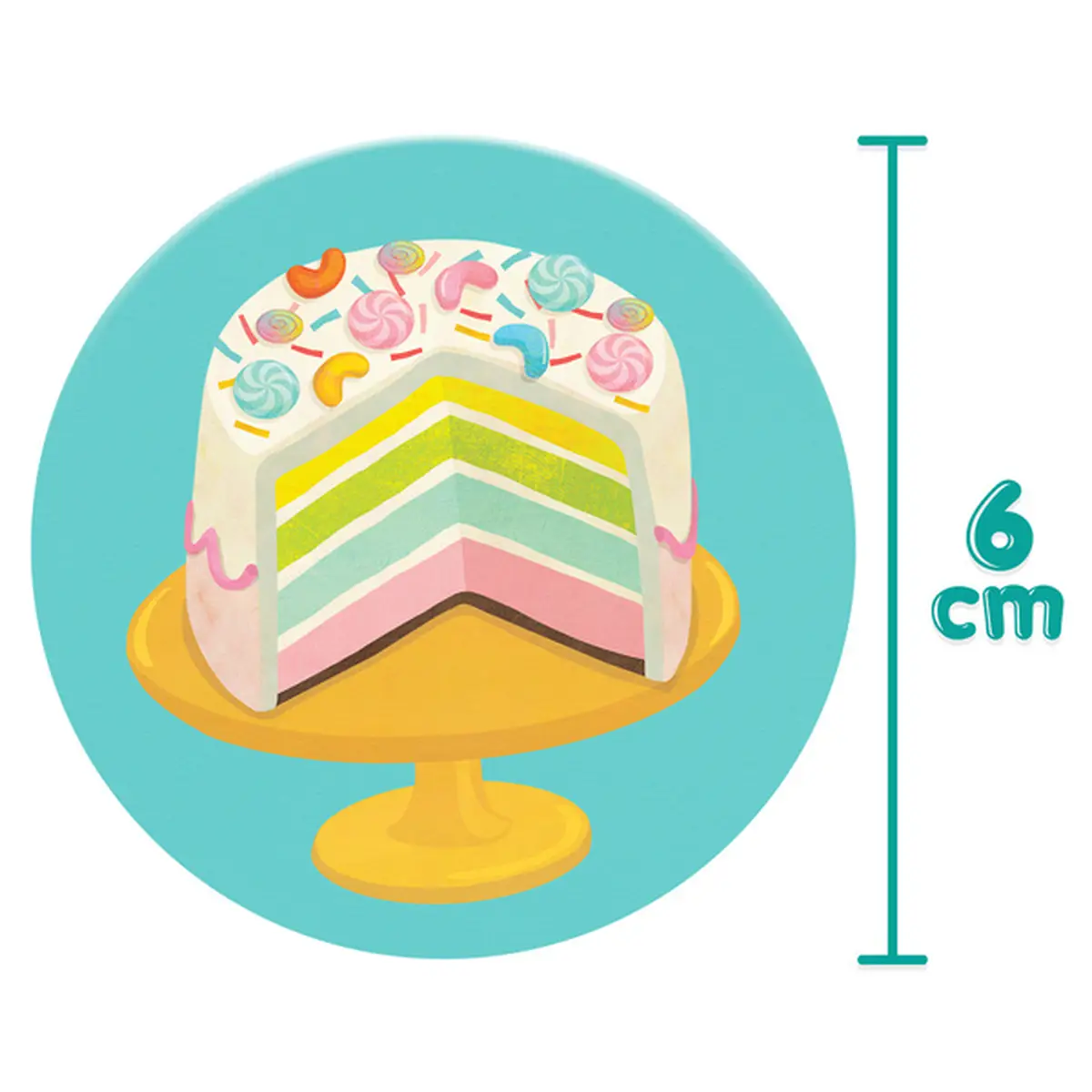 Ilustracja kolorowego kawałka tortu na niebieskim tle z wymiarem 6 cm dla dzieci. boppi układanka w pary memo Jedzenie