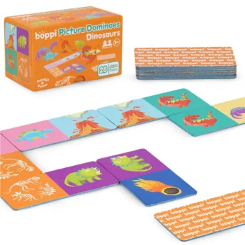 Kolorowe domino z rysunkami dinozaurów dla dzieci z 28 kartami. boppi domino rysunkowe Dinozaury