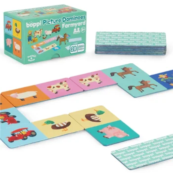 Domino z obrazkami zwierząt i pojazdów z farmy dla dzieci. boppi domino rysunkowe Farma