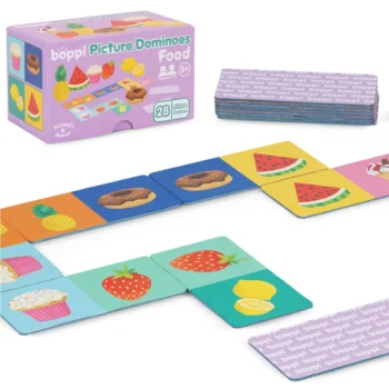 Drewniane domino z obrazkami jedzenia owoce i słodycze dla dzieci. boppi domino rysunkowe Jedzenie