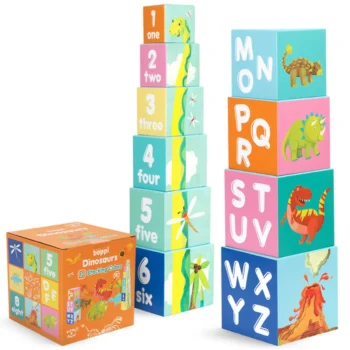 Kolorowa edukacyjna piramida z klocków z motywem dinozaurów i liter dla dzieci. boppi piramida edukacyjna Dinozaury