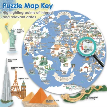 Okrągłe puzzle mapa świata 1000 elementów z ilustracjami ludności zwierząt zabytków i dat edukacyjne. boppi Bopster okrągłe ilustowane puzzle 1000 el Mapa Świata 4 w 1 ludność/zwierzęta/zabytki/daty