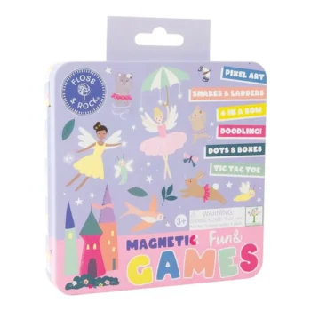 Metalowa puszka z grami magnetycznymi dla dzieci z motywem baletnic i pastelową grafiką. Floss&Rock Gry magnetyczne w puszce 6w1 Baletnice