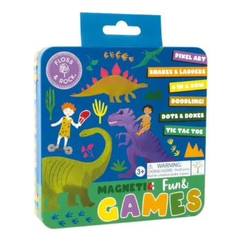 Metalowa puszka z grami magnetycznymi 6w1 z motywem dinozaurów dla dzieci powyżej 3 lat. Floss&Rock Gry magnetyczne w puszce 6w1 Dinozaury