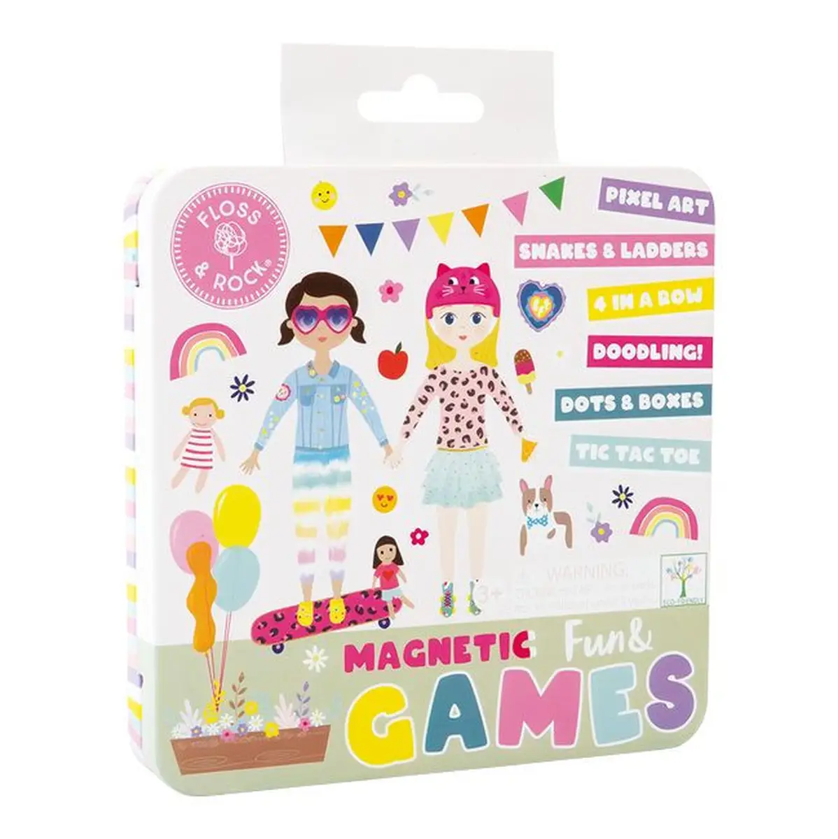 Magnetyczne gry zręcznościowe w puszce z motywem przyjaciółek dla dzieci. Floss&Rock Gry magnetyczne w puszce 6w1 Przyjaciółki