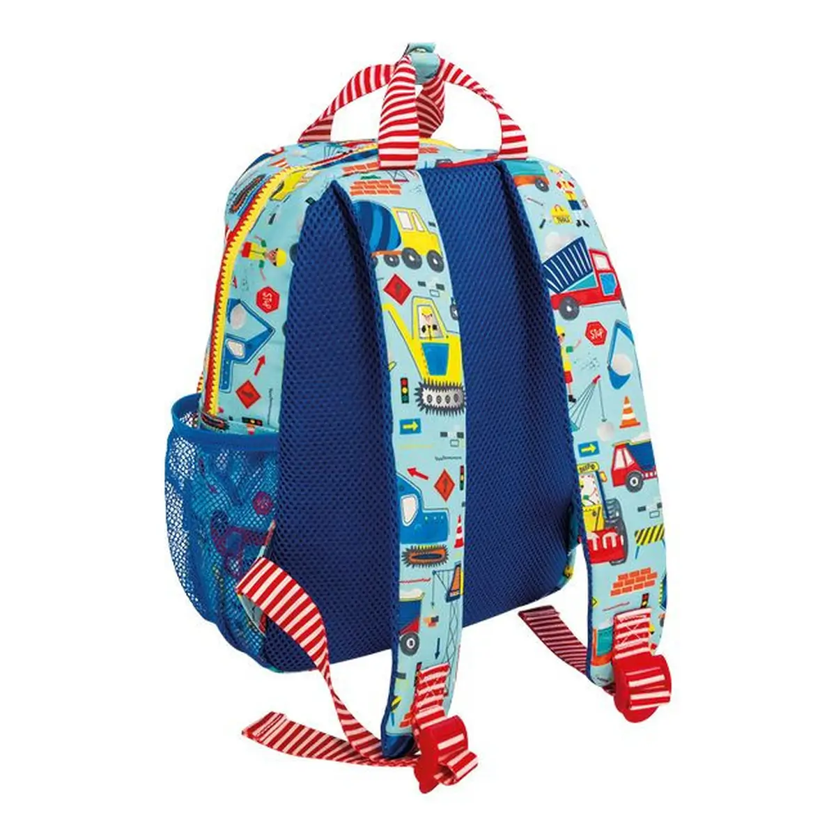 Plecak dziecięcy z motywem budowy kolorowy z niebieskimi plecami i czerwono-białymi paskami na ramiączkach. Floss&Rock Plecak – Na budowie