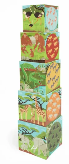 Piramida edukacyjna z ilustracjami zwierząt świata dla dzieci z pięcioma kolorowymi kostkami. Scratch Piramida edukacyjna Jumbo Zwierzęta świata