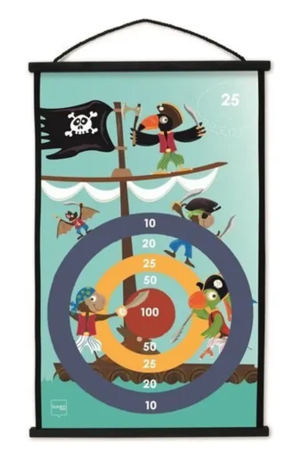 Tablica do rzutek z motywem piratów i kolorowymi celami dla dzieci. Scratch START TO DART rzutki Piraci