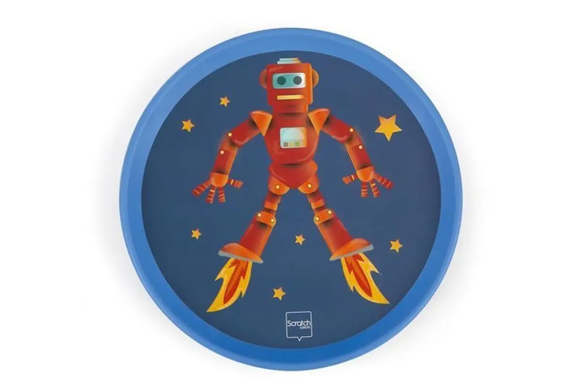 Okrągła gra zręcznościowa z robotem na tle gwiazd dla dzieci. Scratch Gra zręcznościowa Paletki rzucaj i łap Robot