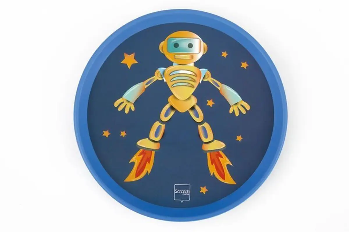Okrągła niebieska paletka z nadrukiem robota na tle gwiazd do gry zręcznościowej. Scratch Gra zręcznościowa Paletki rzucaj i łap Robot