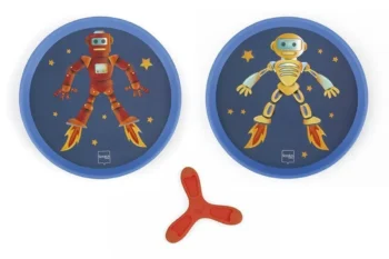 Zestaw do gry zręcznościowej z dwoma okrągłymi paletkami z robotami i czerwoną lotką do rzucania i łapania. Scratch Gra zręcznościowa Paletki rzucaj i łap Robot
