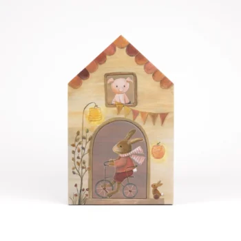 Drewniane puzzle wielowarstwowe w kształcie domku z ilustracją królika na rowerze i misia w oknie dla dzieci. Egmont Toys Puzzle wielowarstwowe Przyjaciele