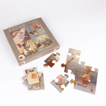 Cztery tradycyjne puzzle z ilustracjami zwierząt i dzieci w ciepłych kolorach dla dzieci. Egmont Toys Puzzle Przyjaciele 4 szt/kpl