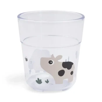 Przezroczysty kubek dla dziecka z nadrukiem krowy i roślin w kolorze piaskowym 220 ml. Done by Deer Kubek dla Dziecka Glass L 220ml Tiny Farm Sand 220 ml